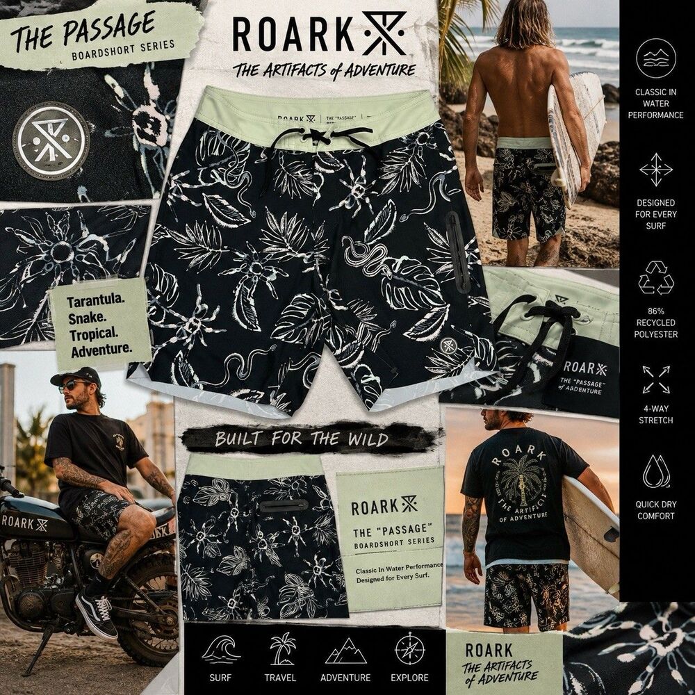 Roark The Passage Boardshorts 31 Tarantula Snake Zip Pocket Surf Swim Trunks
